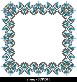 Square floral frame of curved lines and arcs. Gray blue ethnic geometric ornament. Fantasy elegant decor with space for text, photo. Diagonal serrated Stock Vector