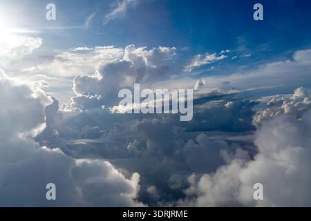 Dramatic sky with sunbeams and clouds seen from an airplane Stock Photo