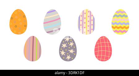 Easter eggs decorated in festive tones holiday symbols set, colorful flat style hand drawn vector illustration for springtime celebration decor, greeting cards, invitations, banners, web design Stock Vector