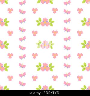 Pink flowers with leaves in random order seamless pattern, simple repeat floral ornament, hand drawn vector illustration for textile, fabric, gift paper, fashion print, Easter, spring holidays decor Stock Vector