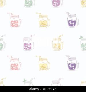 Berry Drink Lemonade in Mason Jars Seamless Pattern. Refreshing Cocktail in Ice, Gooseberry, White, Red, Black Currants, Blueberries, mint and Straw o Stock Vector
