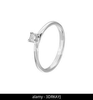 Minimal white gold solitaire ring with princess cut diamond, isolated on white Stock Photo