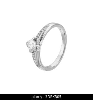 Flower solitaire diamond ring with pave band in white metal, isolated Stock Photo