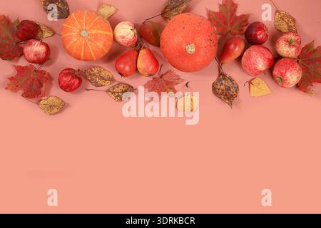 Autumn composition with seasonal leaves, pumpkins, apples on a pastel background, Minimal Happy Thanksgiving concept, postcard, Stock Photo