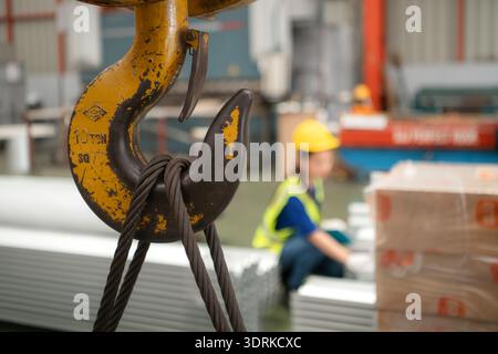 Young female workers are talking and inspecting steel plates for multipurpose forming Stock Photo