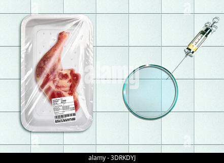 Petri dish with a syringe and packaged rotten meat Stock Photo