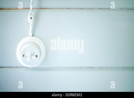 White light switch mounted on a pale blue wooden wall, showcasing a minimalist design with a soft, inviting atmosphere and a sen Stock Photo