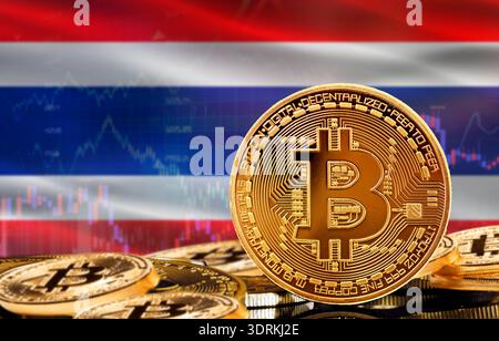 Investors in cryptocurrency and Blockchain Technology in Thailand, Concept. Bitcoin with Thailand flag in the background Stock Photo