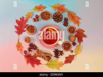 Autumn abstract composition with cup of tea or mulled wine, maple leaves, pine cones, nuts, cinnamon, star anise and dried orang Stock Photo