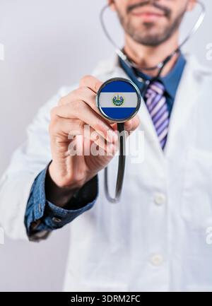 El Salvador health and medical insurance concept. El Salvador healthcare system, doctor holding stethoscope Stock Photo