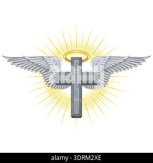 A vibrant illustration of a Christian cross with majestic wings and a radiant halo in vivid colors, representing spiritual victory, celestial peace, a Stock Vector