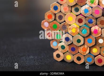 Colorful Collection of Hexagonal Pencils Arranged in a Set for Drawing or Coloring Activities Stock Photo