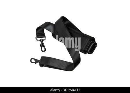 Black adjustable shoulder strap with metal swivel snap hooks isolated on white background. Stock Photo