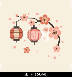 Cherry Blossom Branch with Traditional Lanterns and Falling Petals for Spring Festival Stock Vector