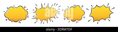 Yellow Comic Speech Bubbles with Halftone Texture, Explosion Bursts Lines. Pop Art Cartoon Expressive Dialog Clouds. Impact Shapes for Manga, Retro Ads Posters, Comics Text Boxes. Vector Illustration Stock Vector