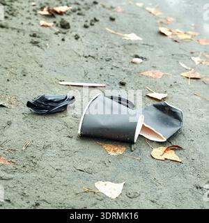 Environmental impact of littered coffee cup on sandy lakeshore with fallen leave Stock Photo