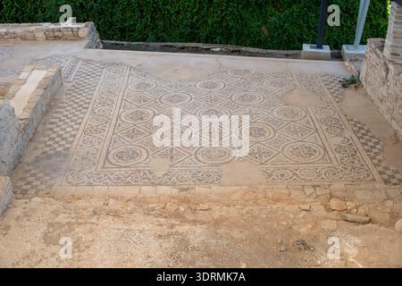 Large geometric Roman mosaic pavement with repeating motifs and border at the Villa Romana de Fuente Alamo archaeological site, Puente Genil, Cordoba, Stock Photo