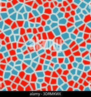 Voronoi tessellation seamless pattern. Irregular polygonal cells create a geometric abstract design. Bright red, blue, and white color palette. Stock Vector