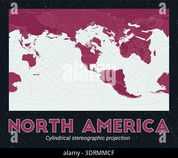 World map centered on North America using a cylindrical stereographic projection. Pale mint and dark pink palette with a vintage texture. Stock Vector