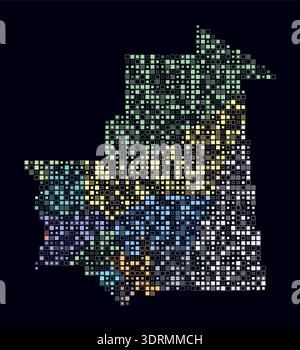 Mauritania, shape of the country built of colored cells. Digital style map of Mauritania on dark background. Small-sized square blocks. Stock Vector