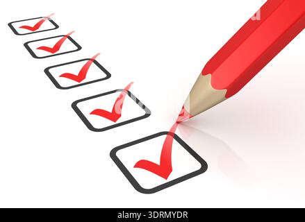 Red ticks in checkboxes and pencil Stock Photo