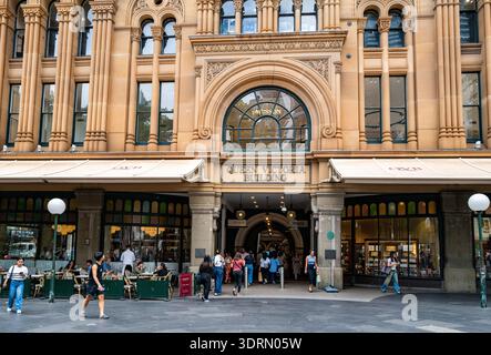 The historic George Street entrance of the Queen Victoria Building (QVB) in Sydney, showing Romanesque Revival architectural details. Stock Photo