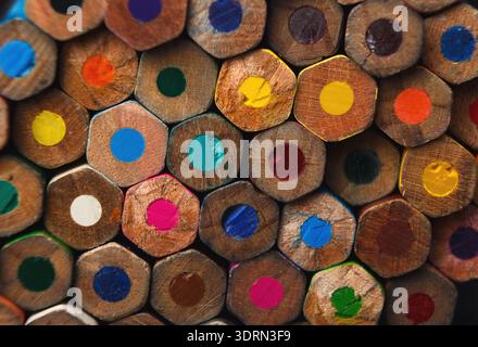 Colorful Set of Pencils Arranged in a Neat Hexagonal Pattern for an Art Project Stock Photo