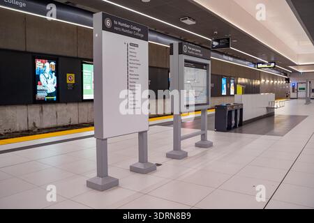 View of Line 6 Finch West platform information boards. Toronto, Canada - February 16, 2026. Stock Photo