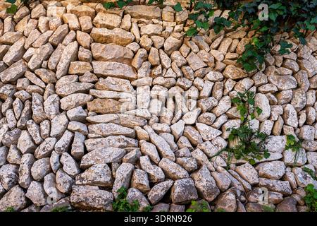 Wall made of living stone without mortar, Randa, Algaida,Mallorca, Balearic Islands, Spain Stock Photo