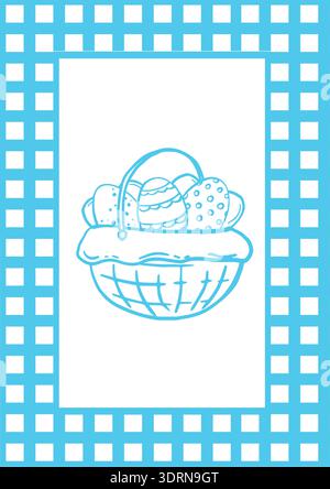 Easter card with checkered frame and painted eggs in basket. Vector graphics illustration. Whimsical hand drawn poster for holiday greeting. Festive Stock Vector