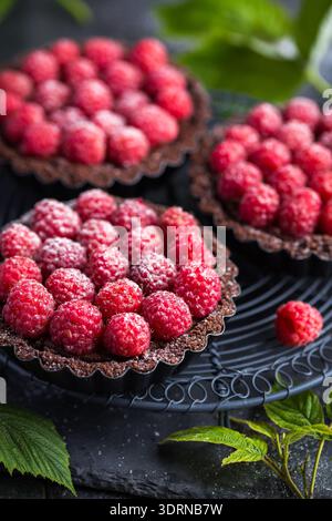Chocolate tarts with fresh raspberry Stock Photo