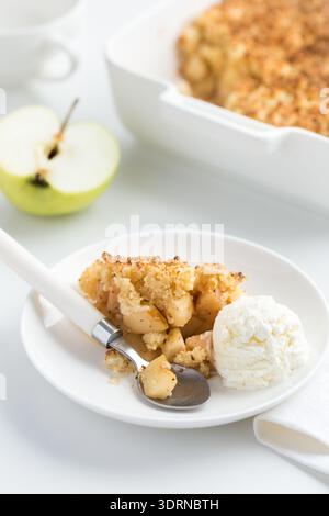 Apple crumble pie and vanilla ice cream Stock Photo