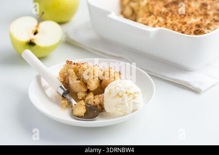 Apple crumble pie and vanilla ice cream Stock Photo