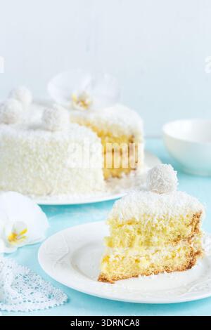 Festive lemon and coconut sponge cake Stock Photo
