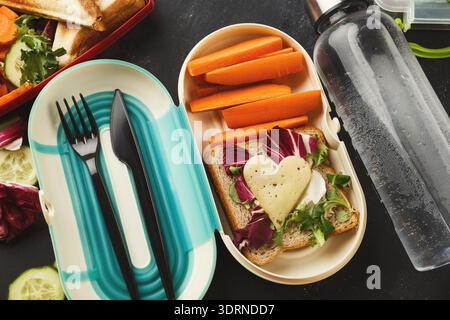 Healthy Lunch Ideas With Vegetables and Sandwich Arranged in a Colorful Lunchbox Stock Photo