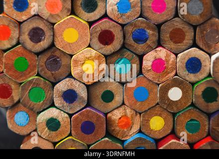 Collage of Color Pencil Tips Arranged in a Hexagonal Pattern Showcasing Various Shades Stock Photo