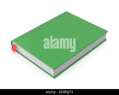 Closed green book with a red bookmark, isolated on white. Stock Photo