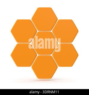 Seven Interconnected Orange Hexagons in a 3D Cluster Stock Photo