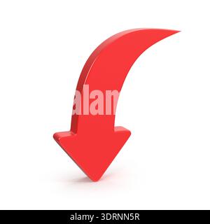 Red Curved Down Arrow on White Background Stock Photo