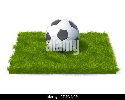 3D Rendered Soccer Ball on a Square Patch of Green Grass Stock Photo