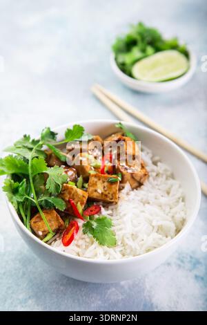 Bowl of teriyaki tofu cheese and rice served with lime, cilantro and sesame seeds Stock Photo