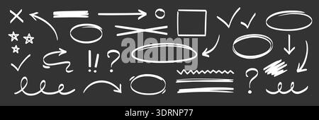 Arrow, highlight marker stroke set. Marker pen line hand drawn brush stroke sketch circle, underline, arrow. Doodle check, cross, highlight scribble round icon on chalkboard. Vector illustration Stock Vector