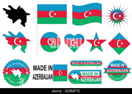 Azerbaijan national symbols flags map and made in Azerbaijan badges vector. Suitable for editorial, educational and commercial design Stock Vector