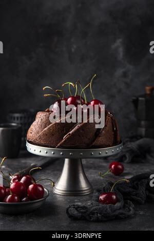 Delicious chocolate bundt cake with fresh cherry on dark background Stock Photo