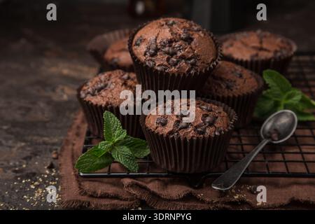 Delicious chocolate muffins on  dark background Stock Photo