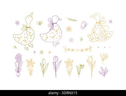Hand drawn doodle spring goose set. Stock Vector