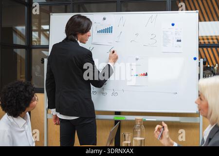 Teamwork brainstorm. Coworkers cooperating working together at office meeting. Colleagues discussing project ideas. Group of peo Stock Photo