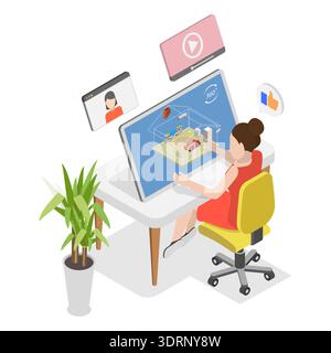 3D Isometric Flat  Illustration of Virtual Open House, Real Estate Tour Stock Photo