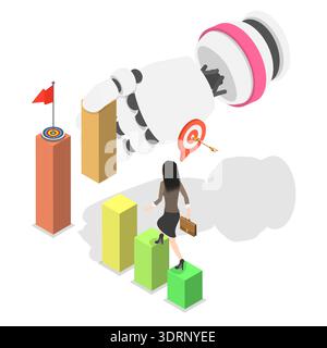 3D Isometric Flat  Illustration of AI Assistant, Robot Hand Assisting Businessman Career Growth By Stacking Blocks As A Stairway Stock Photo