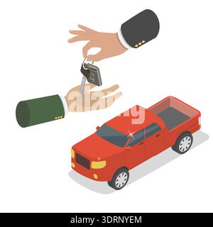 3D Isometric Flat  Illustration of Auto Dealership, New Or Used Pickup Truck Purchasing Options Stock Photo